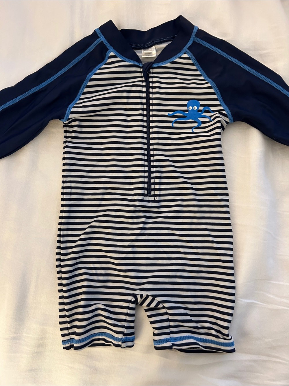 Striped Navy & White Baby Rash Guard Romper with Blue Octopus